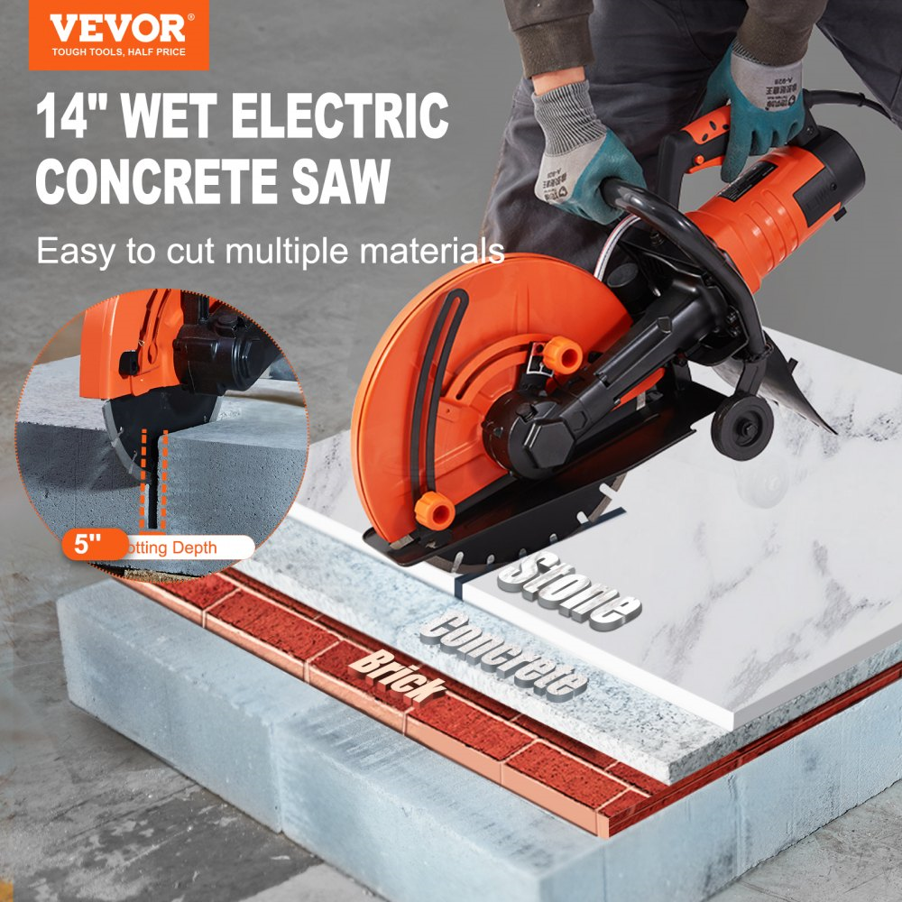 Vevor Electric Concrete Saw 14" Circular Saw 5" Cutting Depth Wet/Dry Cutter 3200W 15A Motor New