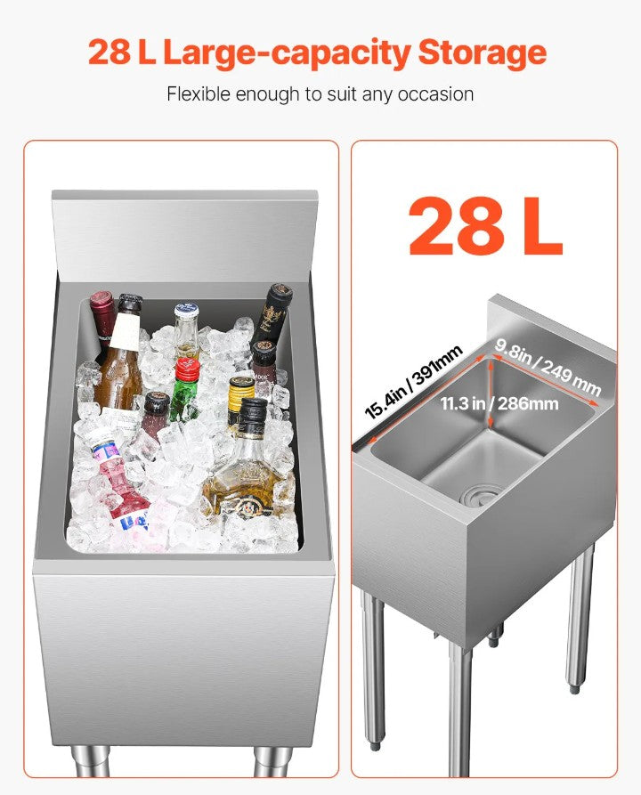 Vevor Commercial Underbar Ice Bin 7.4 Gal Stainless Steel with Sliding Lid and Bottle Holders New