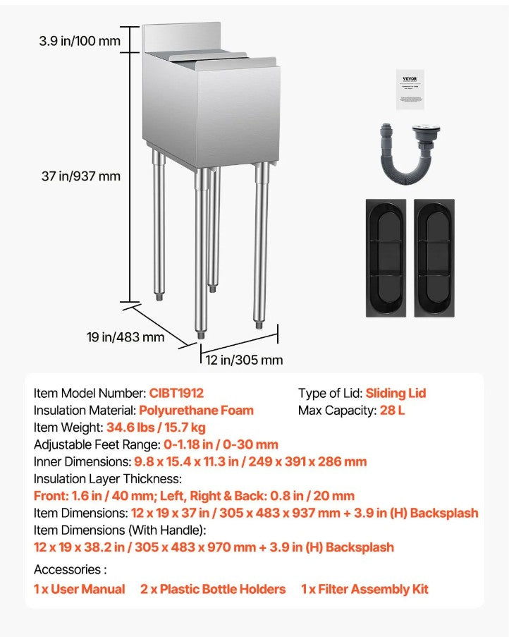 Vevor Commercial Underbar Ice Bin 7.4 Gal Stainless Steel with Sliding Lid and Bottle Holders New
