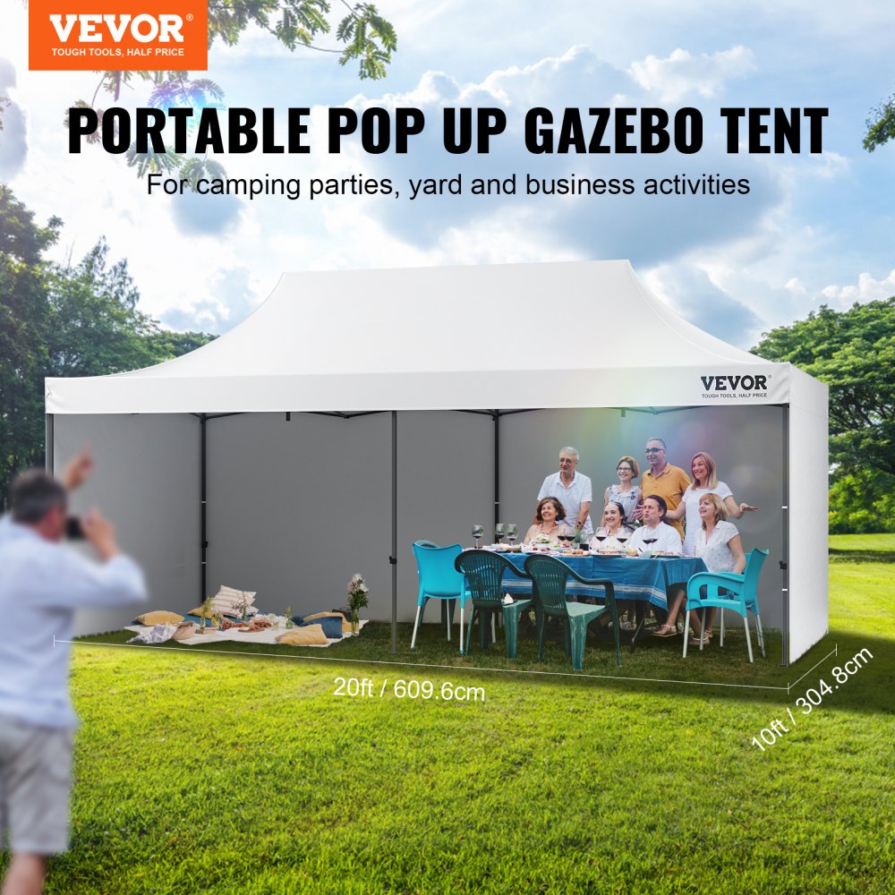 Vevor Pop-Up Canopy Gazebo Tent 10' x 20' Removable Sidewall with Bag UV Resistant Waterproof White New