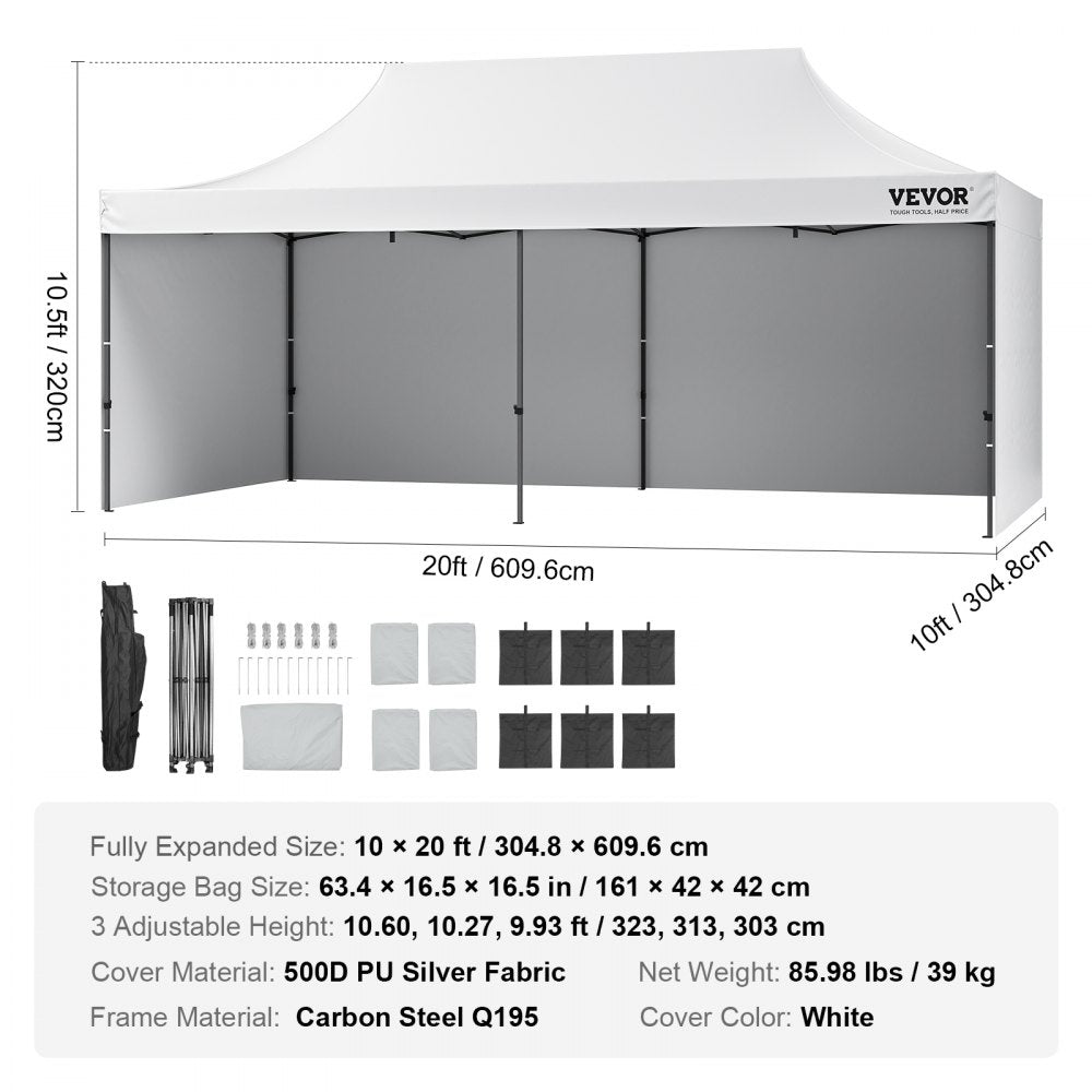 Vevor Pop-Up Canopy Gazebo Tent 10' x 20' Removable Sidewall with Bag UV Resistant Waterproof White New