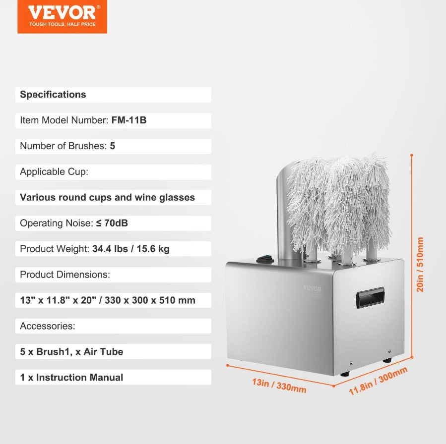Vevor 5-Brush Wine Glass Polisher 330 Cups/Hour Hot Air Drying Stainless Steel New