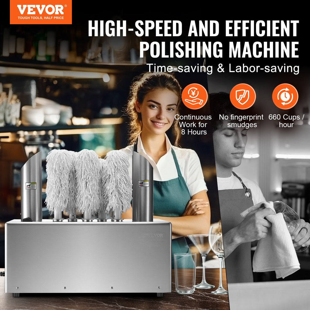 Vevor Wine Glass Polisher 8-Brush Electric 660 Glasses/Hr Stainless Steel with Hot Air Drying New
