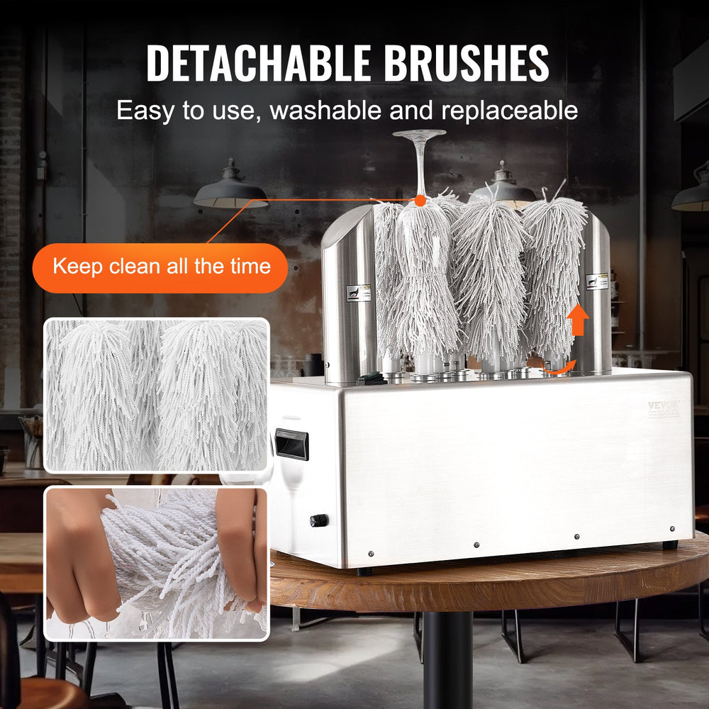 Vevor Wine Glass Polisher 8-Brush Electric 660 Glasses/Hr Stainless Steel with Hot Air Drying New