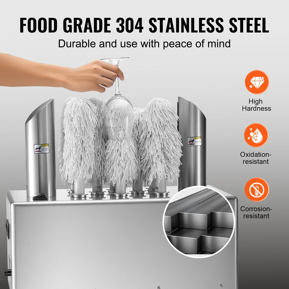 Vevor Wine Glass Polisher 8-Brush Electric 660 Glasses/Hr Stainless Steel with Hot Air Drying New