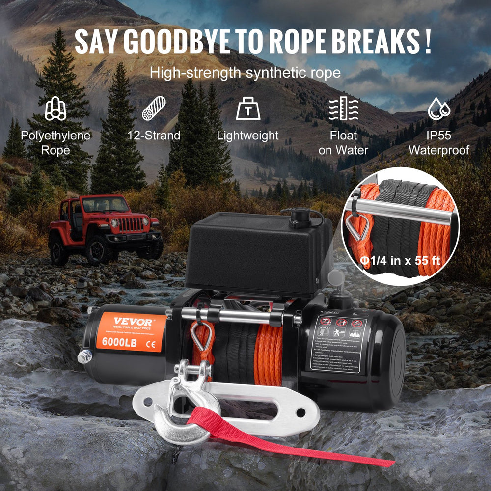 Vevor Electric Winch 6,000 Lbs Truck 1/4" x 55' Synthetic Rope Waterproof Wireless or Wired Remote Control New