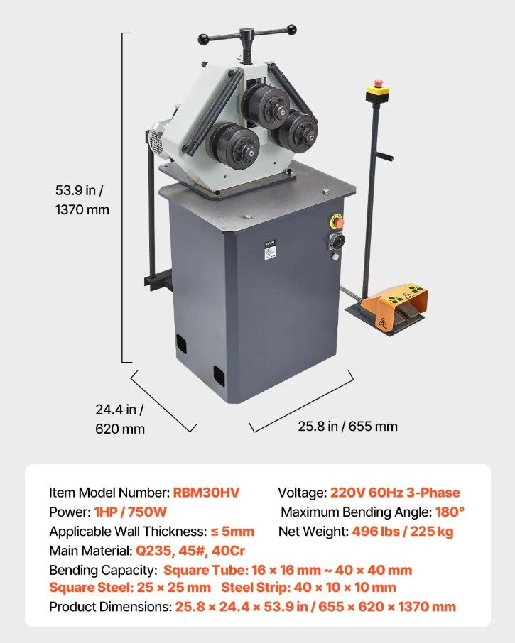 Vevor Electric Pipe and Tube Bender 3-Roller 750W 180° Max Bend 220V 3-Phase New