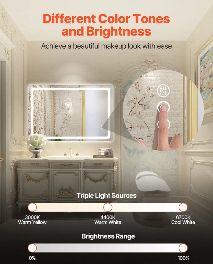 Vevor LED Bathroom Mirror 32" x 48" Anti-Fog and Dimmable Lighting New