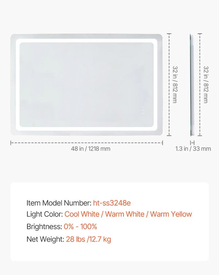 Vevor LED Bathroom Mirror 32" x 48" Anti-Fog and Dimmable Lighting New