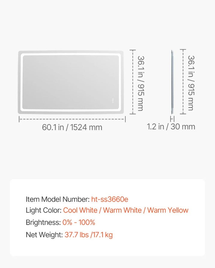 Vevor LED Bathroom Mirror 36" x 60" Anti-Fog and Dimmable Lighting New