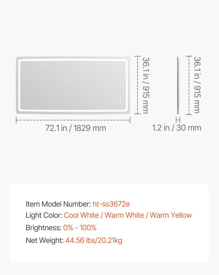 Vevor LED Bathroom Mirror 36" x 72" Anti-Fog and Dimmable Lighting New