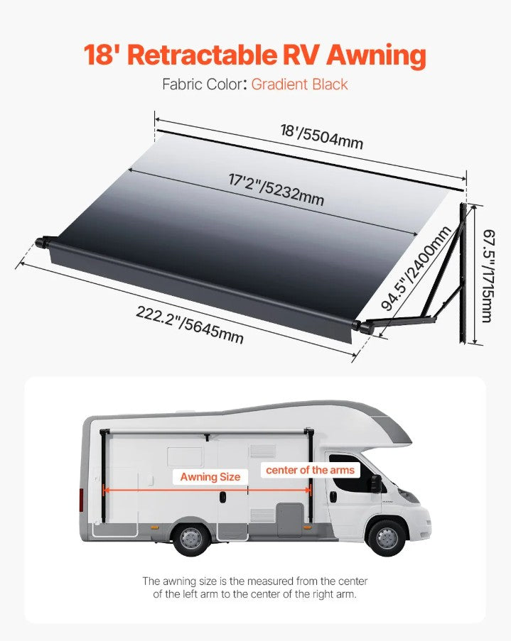 Vevor Electric RV Retractable Awning 18' with 4-Layer Vinyl Fabric and Aluminum Frame New
