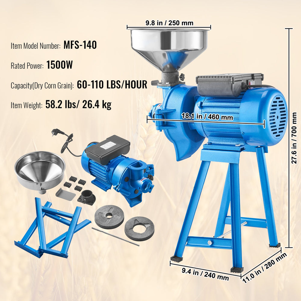 Vevor Grain Mill Electric 1500W 110V Grinder with Funnel Dry and Wet Grinder Adjustable Thickness New