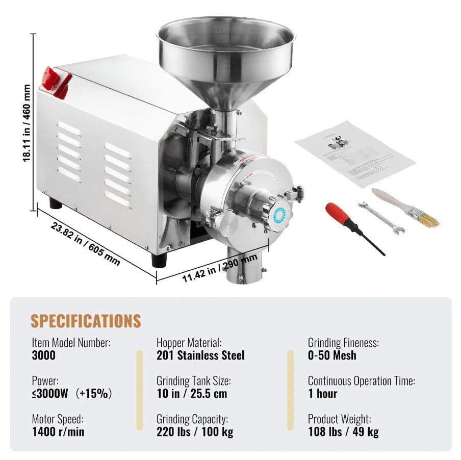Vevor Commercial Grain Grinder Mill 3000W 220 Lbs/H Capacity New