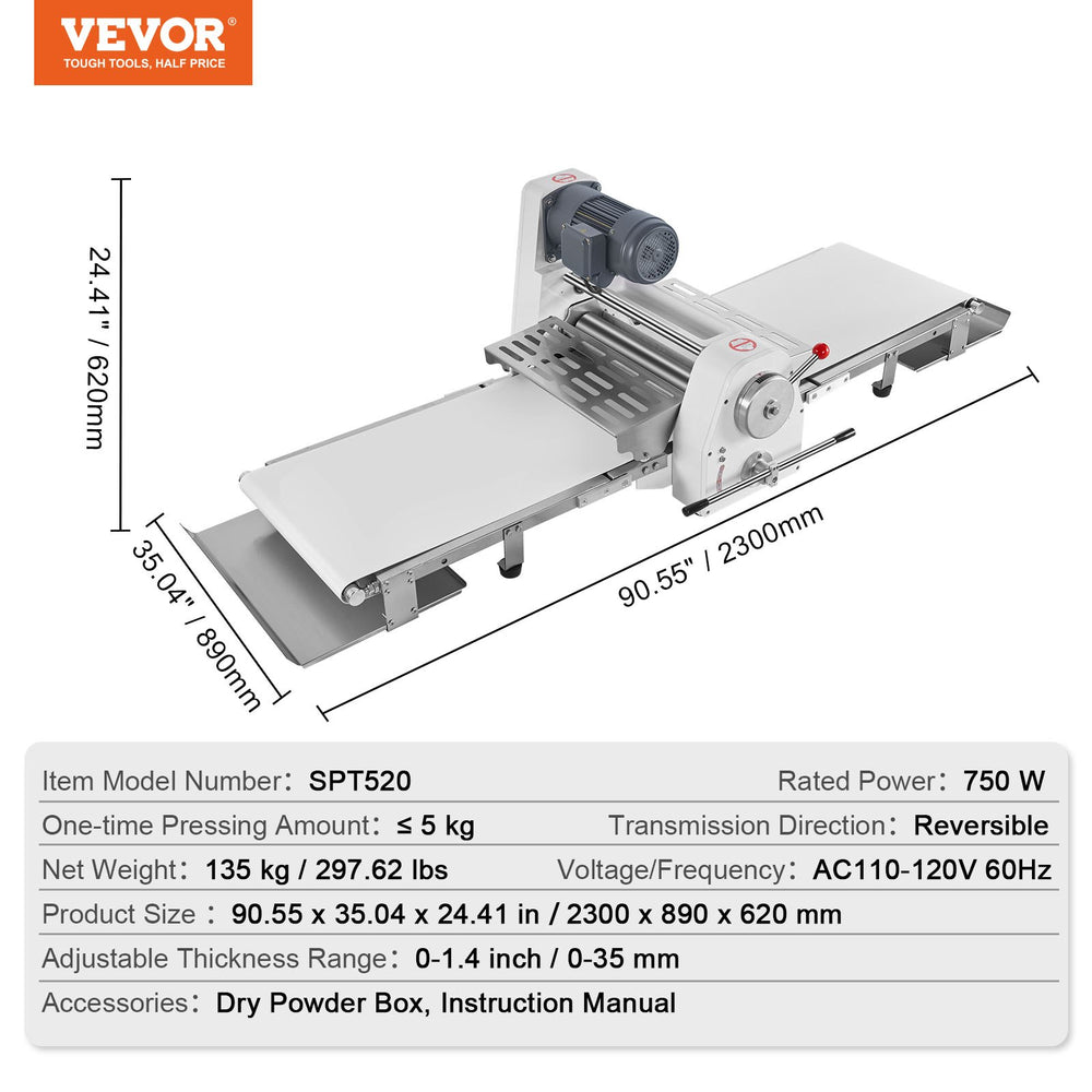 Vevor Commercial Dough Sheeter 19.7" Electric Foldable Adjustable Thickness Stainless Steel New