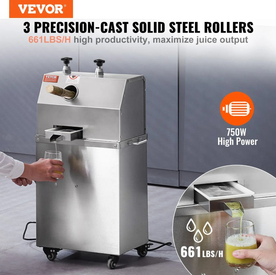 Vevor Electric Sugar Cane Juicer 750W 661 Lbs/H Output 3 Rollers Mobile Extractor New