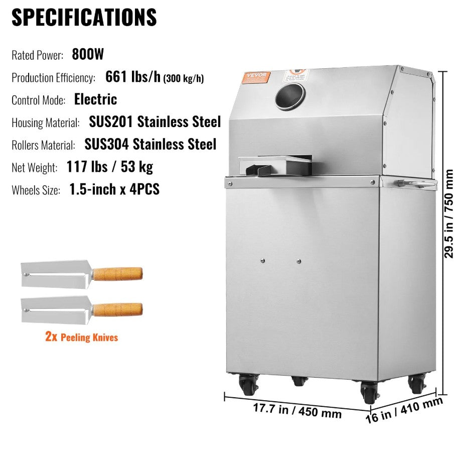 Vevor Electric Sugar Cane Juicer 800W with 3 Stainless Steel Rollers and Large Inlet New