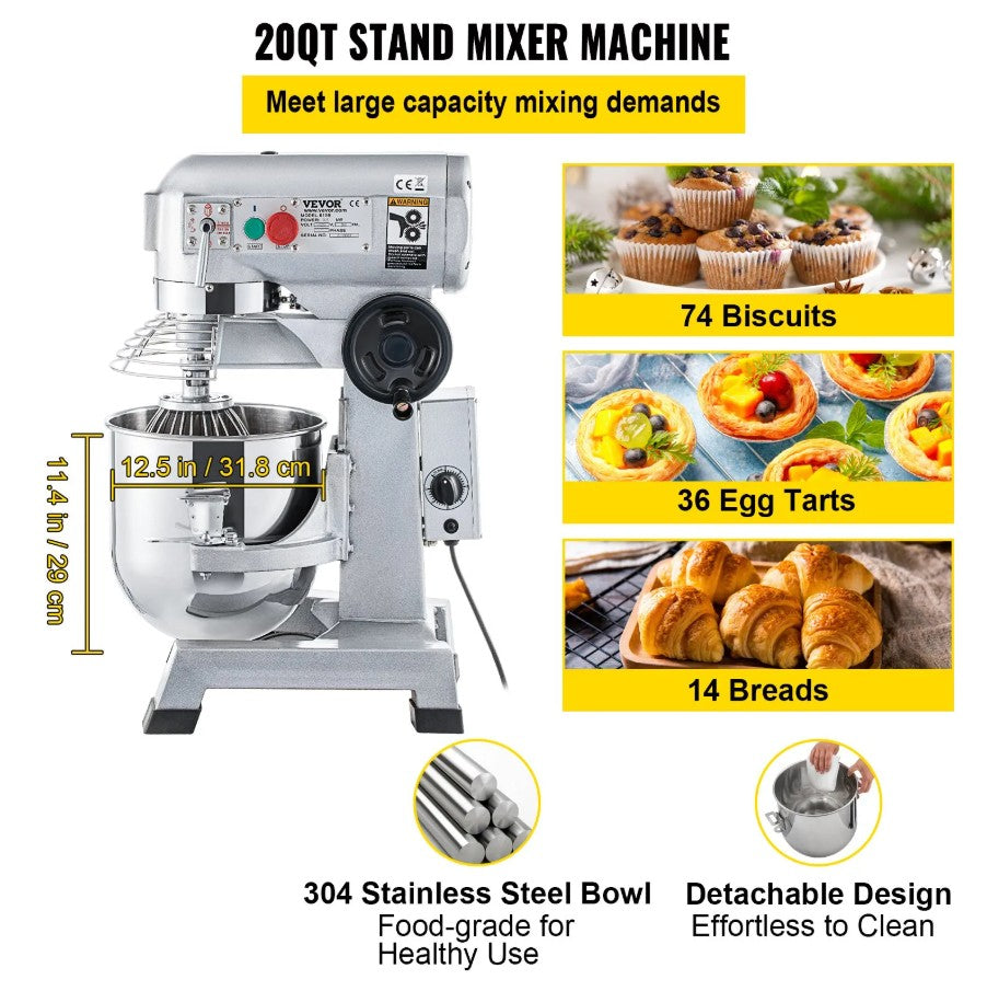 Vevor Commercial Food Mixer 20 Qt 750W 3 Speeds Timer Stainless Steel Bowl New