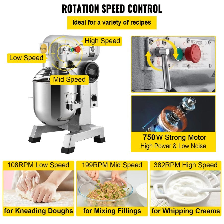Vevor Commercial Food Mixer 20 Qt 750W 3 Speeds Timer Stainless Steel Bowl New