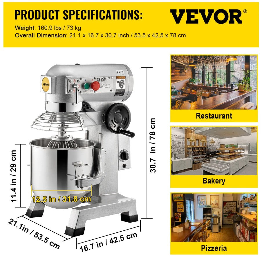 Vevor Commercial Food Mixer 20 Qt 750W 3 Speeds Timer Stainless Steel Bowl New