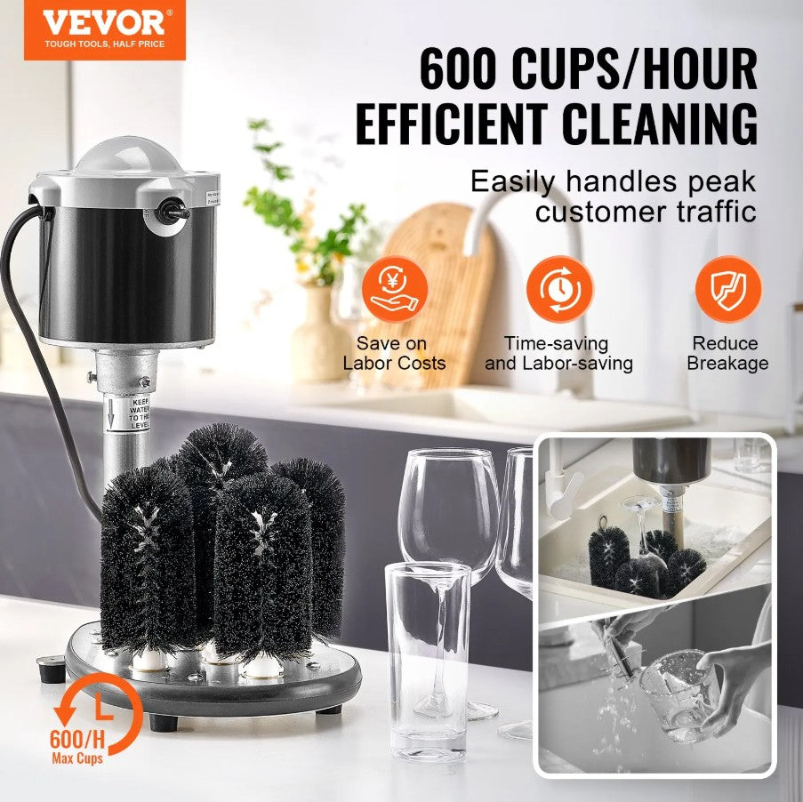 Vevor Electric Glass Washer 5-Brush  360° Cleaner 600 Glasses/Hour New
