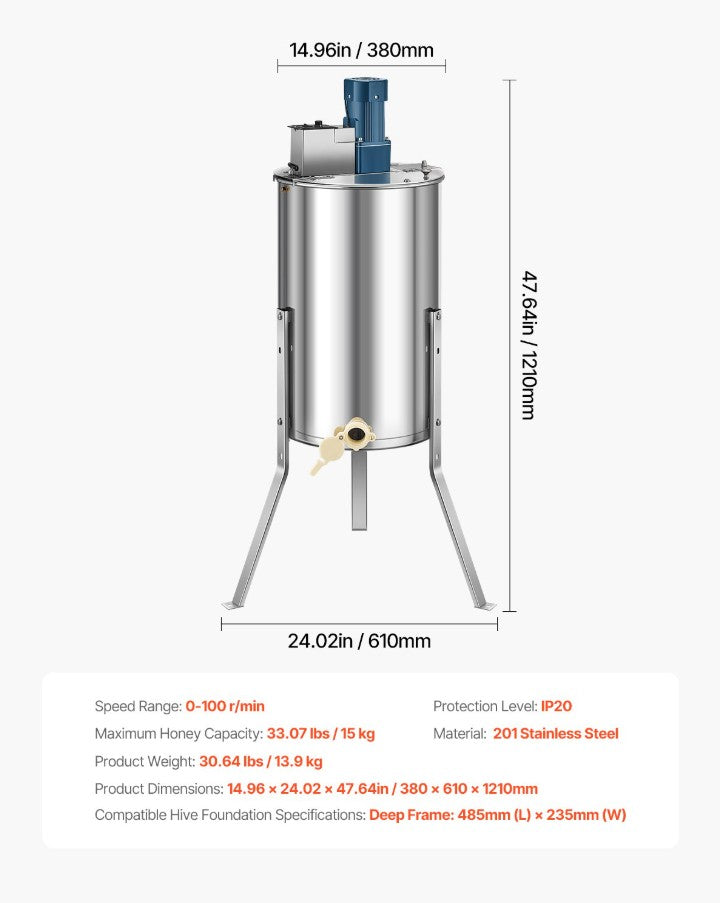 Vevor Electric 3-Frame Honey Extractor Stainless Steel Beekeeping Spinner with Adjustable Speed New