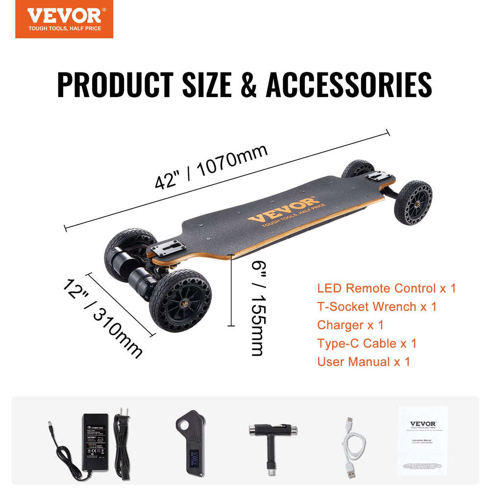 Vevor Electric Longboard Skateboard 42" 25 MPH 18.6-Mile Range with Remote Control New