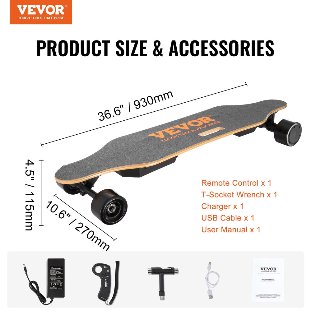 Vevor Electric Longboard Skateboard 36.6" 25 MPH 11.2-Mile Range with Remote Control New