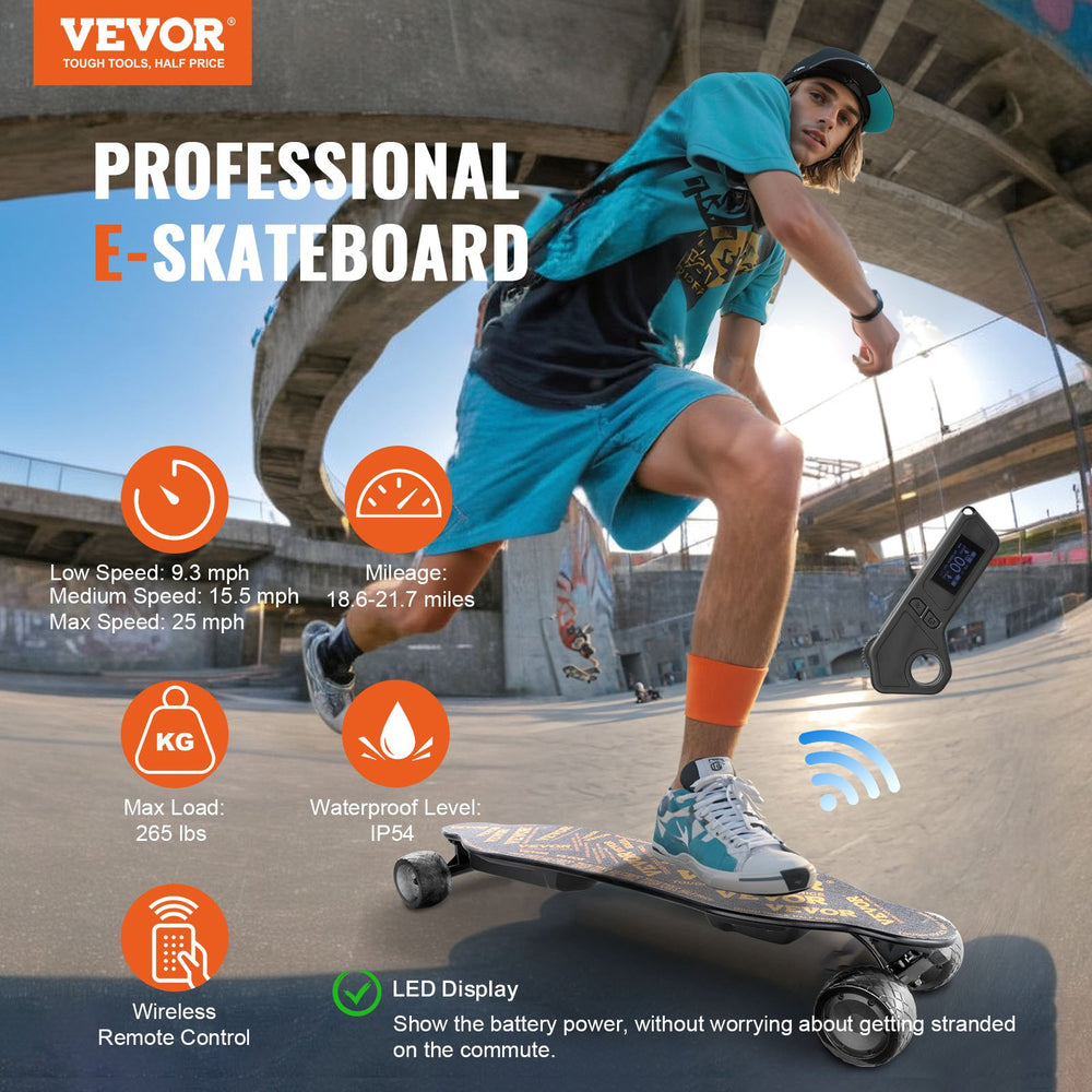 Vevor Electric Longboard Skateboard 37.4" 25 MPH 21.7-Mile Range with Remote Control New