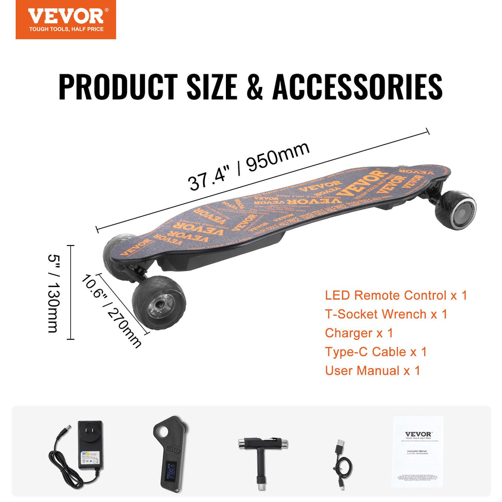 Vevor Electric Longboard Skateboard 37.4" 25 MPH 21.7-Mile Range with Remote Control New