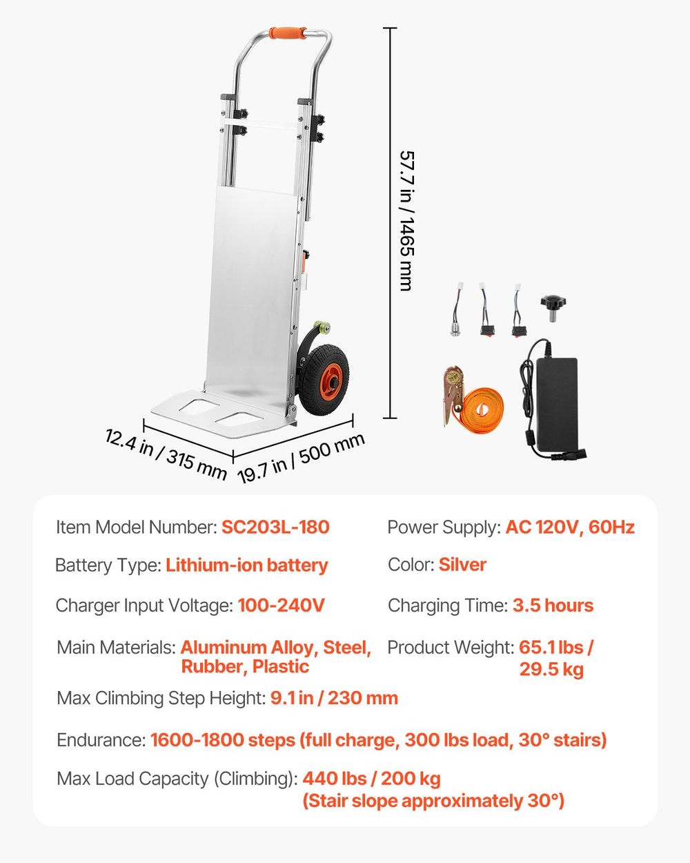Vevor Electric Dolly 440 Lbs Stair Climbing System 400W Dual Speed with Adjustable Handle New