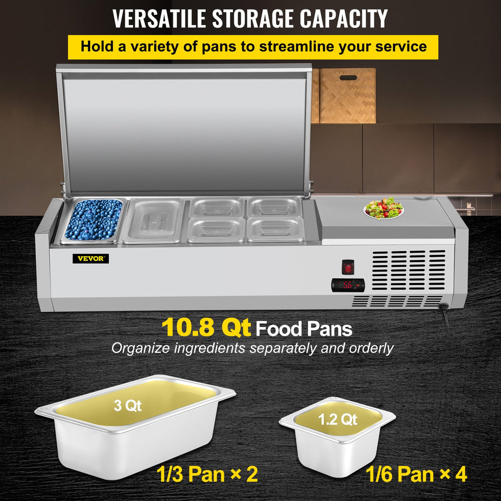 Vevor Refrigerated Condiment Prep Station 47.2" with Removable Cover 150W Stainless Steel 10.8 Qt New