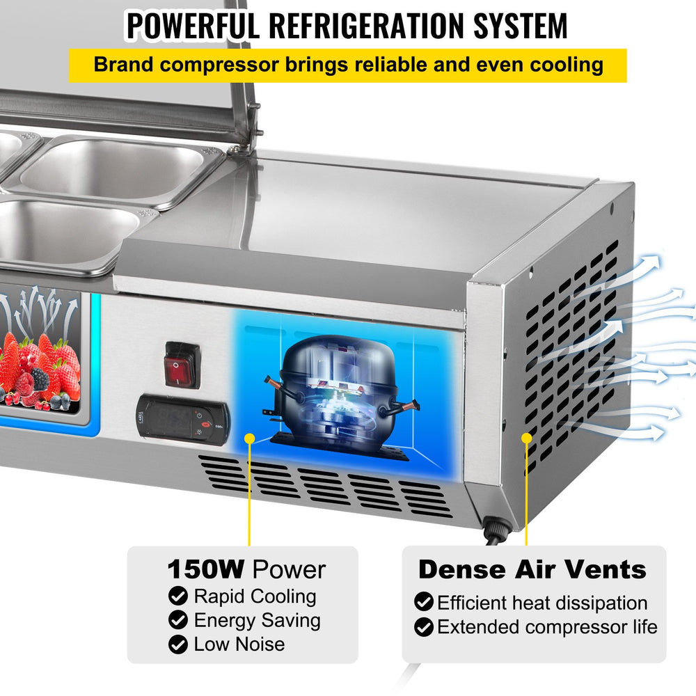 Vevor Refrigerated Condiment Prep Station 47.2" with Removable Cover 150W Stainless Steel 10.8 Qt New