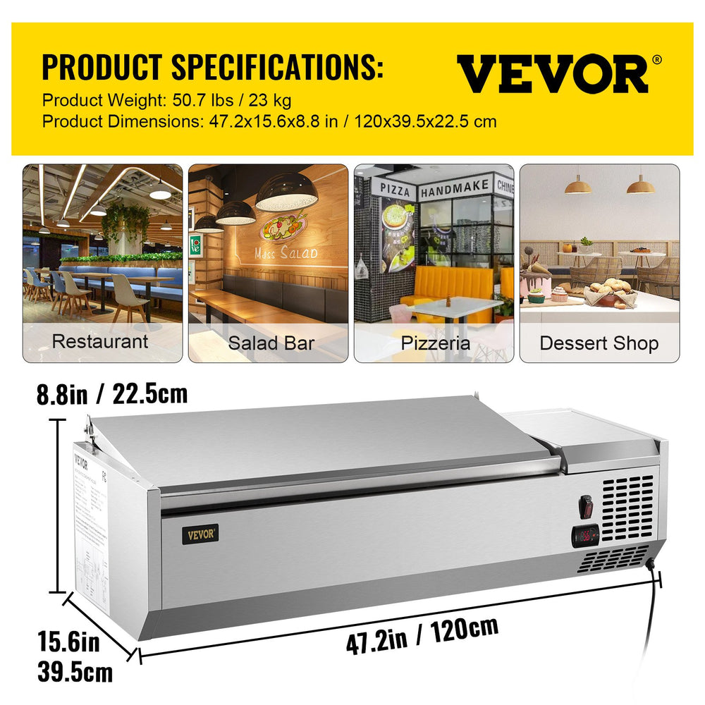 Vevor Refrigerated Condiment Prep Station 47.2" with Removable Cover 150W Stainless Steel 10.8 Qt New