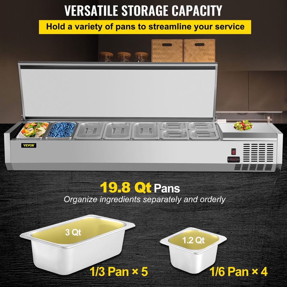 Vevor Refrigerated Condiment Prep Station 70.9" with Removable Cover 150W Stainless Steel 19.8 Qt New