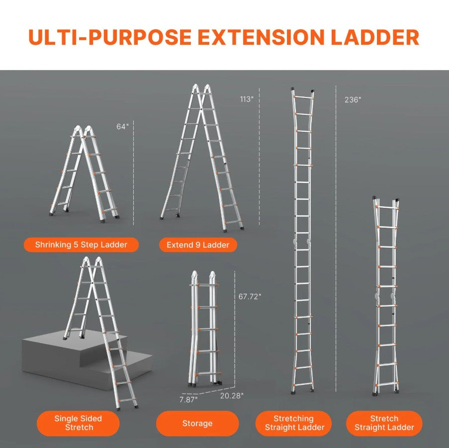 Vevor Telescoping A-Frame Ladder 20' Aluminum 330 Lb Capacity with Wheels New