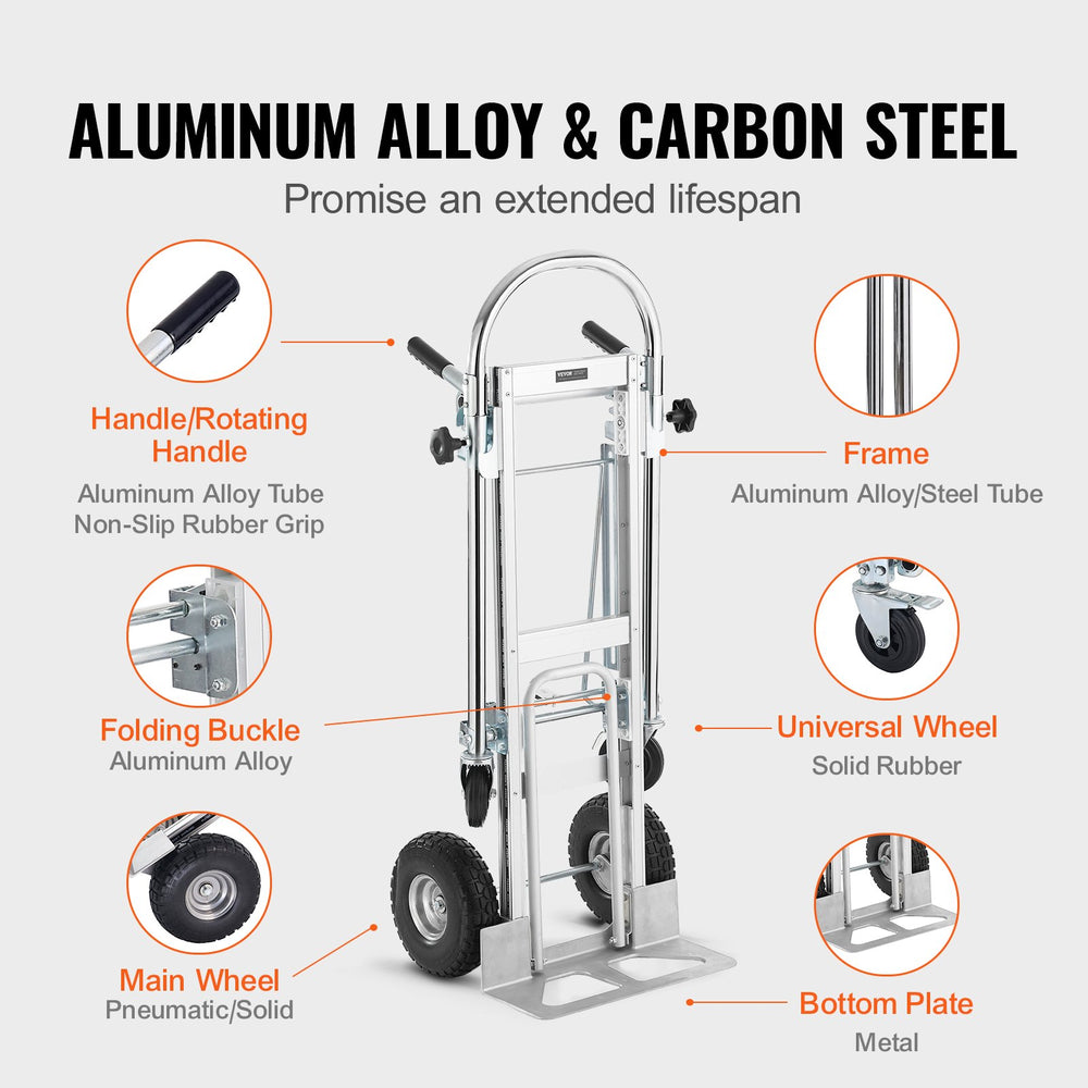 3-in-1 Convertible Aluminum Hand Truck, 1000 lbs Heavy Duty Folding Dolly Cart with Rubber Wheels & Telescoping Handle for Moving, Silver 3-in-1 Convertible Aluminum Hand Truck, 1000 lbs Heavy Duty Folding Dolly Cart with Rubber Wheels & Telescoping Handle for Moving, Silver