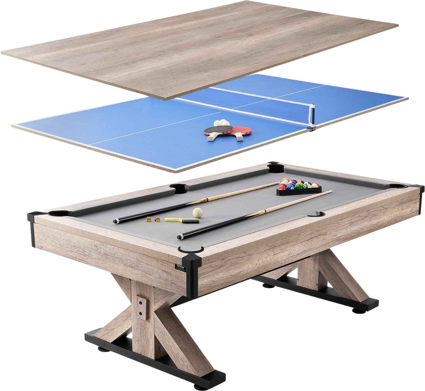 Vevor Billiards Table Combo Set 7' 3-in-1 Dining Tennis and Pool Table with Gray Cloth Includes Accessories New