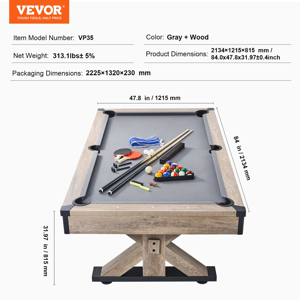 Vevor Billiards Table Combo Set 7' 3-in-1 Dining Tennis and Pool Table with Gray Cloth Includes Accessories New