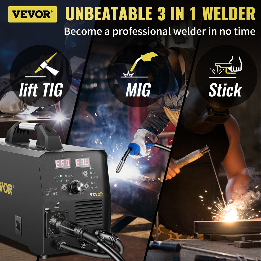 Vevor Welder 3-in-1 MIG Stick Lift TIG Mode 250A 220V Flux Core Gas Solid Wire Welding with IGBT Inverter and Torch New