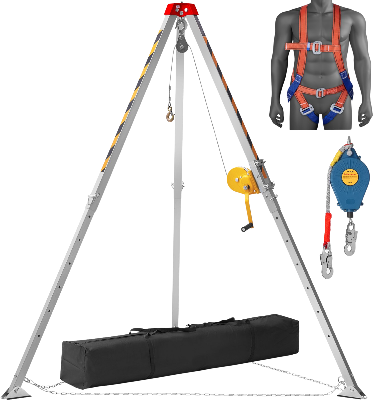 Vevor Confined Space Tripod Kit 1200 Lbs. Winch 7' Legs 98' Cable 32.8' Fall Arrester and Rescue Harness New