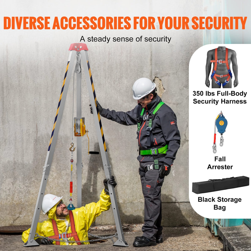 Vevor Confined Space Tripod Kit 1200 Lbs. Winch 7' Legs 98' Cable 32.8' Fall Arrester and Rescue Harness New