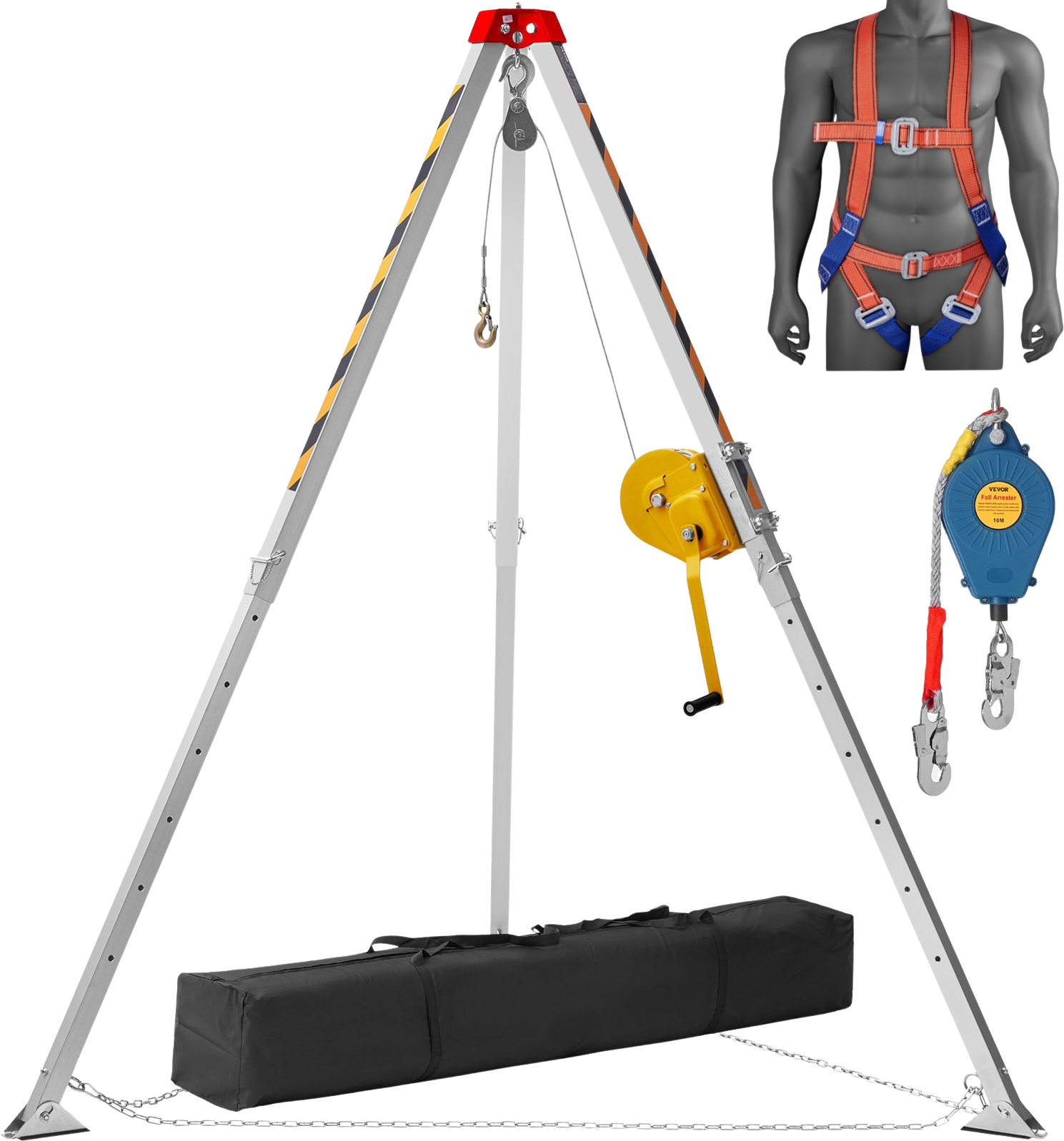 Vevor Confined Space Tripod Kit 1800 Lbs. Winch 7' Legs 98' Cable 32.8' Fall Arrester and Rescue Harness New