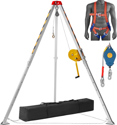 Vevor Confined Space Tripod Kit 1800 Lbs. Winch 7' Legs 98' Cable 32.8' Fall Arrester and Rescue Harness New