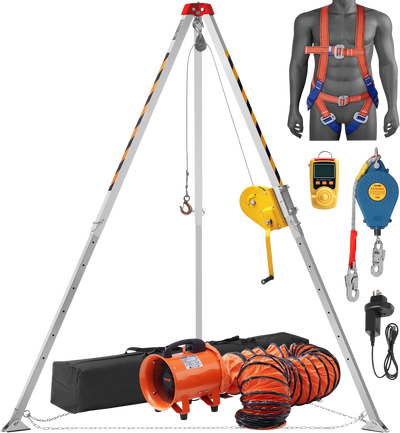 Vevor Confined Space Tripod Kit 2600 Lbs. Winch 8' Legs 98' Cable 32.8' Fall Arrester Harness Blower and Gas Detector New