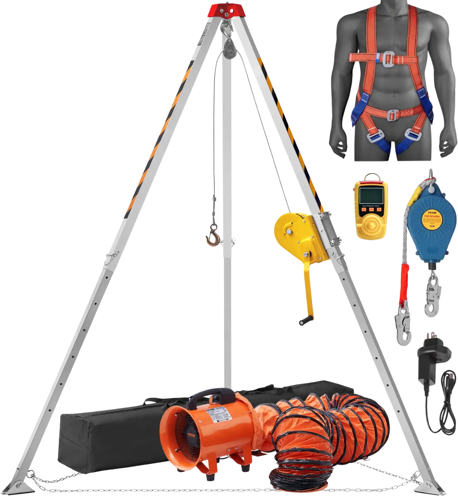 Vevor Confined Space Tripod Kit 2600 Lbs. Winch 8' Legs 98' Cable 32.8' Fall Arrester Harness Blower and Gas Detector New