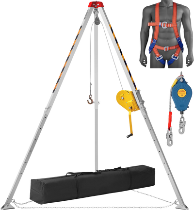 Vevor Confined Space Tripod Kit 2600 Lbs. Winch 8' Legs 98' Cable 32.8' Fall Arrester and Rescue Harness New