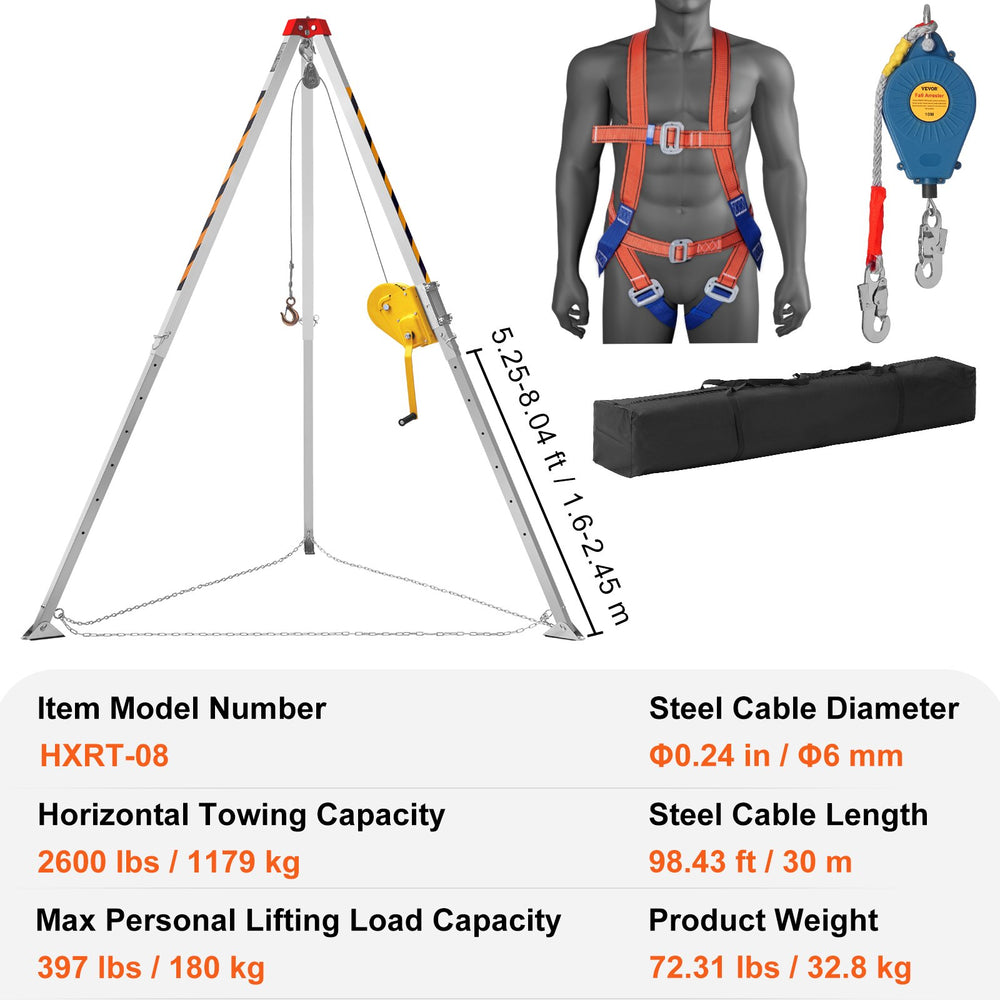 Vevor Confined Space Tripod Kit 2600 Lbs. Winch 8' Legs 98' Cable 32.8' Fall Arrester and Rescue Harness New