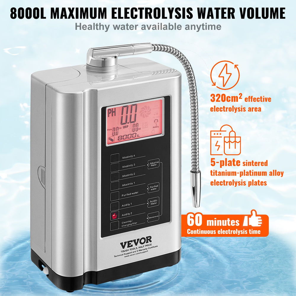 Vevor Water Ionizer Machine Home Alkaline Acid Filtration 5 Plate with 8000L Replaceable Filter New