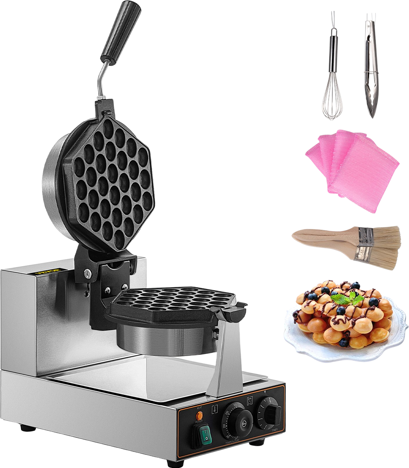 Vevor Commercial Bubble Waffle Maker 1200W Hexagonal 180° Rotatable Non-Stick 122-572°F New